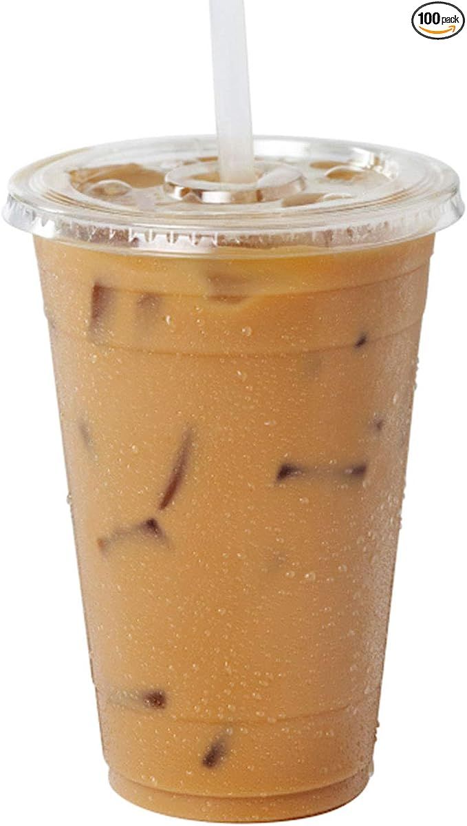 [100 Pack] 20 Oz Clear Plastic Cups With Flat Slotted Lids for Iced Cold Drinks Coffee Tea Smooth... | Amazon (US)
