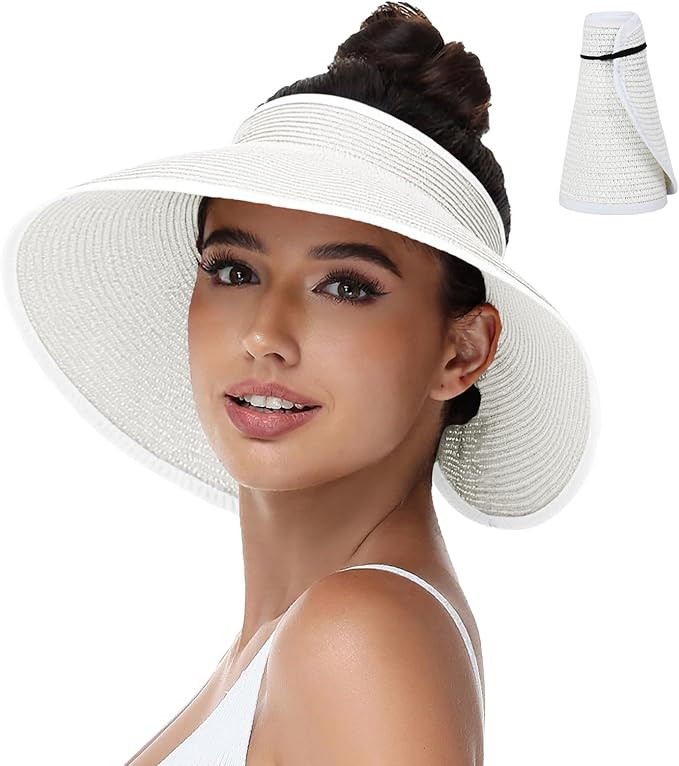Sun Hats Visor for Women, UV UPF Straw Beach Hat Foldable Wide Brim Ponytail Summer Hats Packable... | Amazon (US)