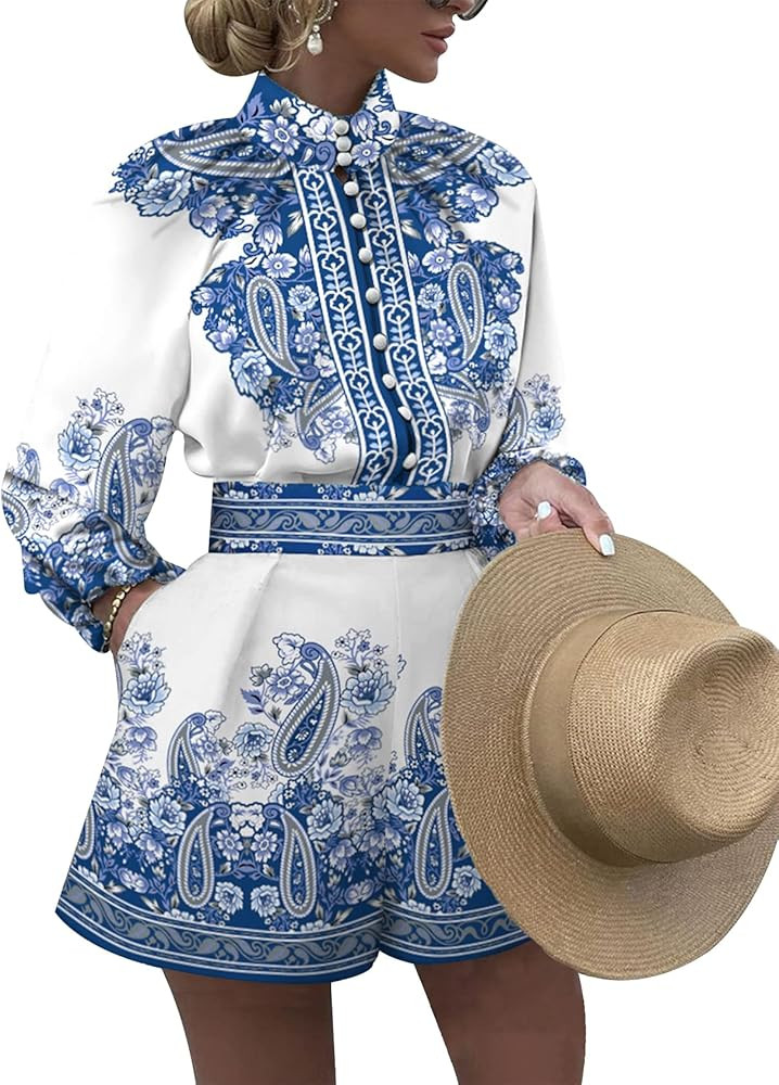 Gihuo Womens Boho Print Long Sleeve Top High Waist Shorts Sets 2 Piece Outfits Tropical Romper Su... | Amazon (US)