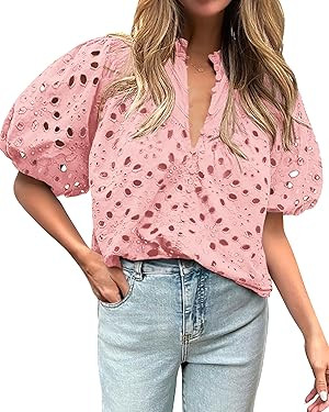 BTFBM Womens Casual Summer Blouse 2025 Hollow Out Eyelet Embroidery Tops V Neck Buttons Puff Shor... | Amazon (US)