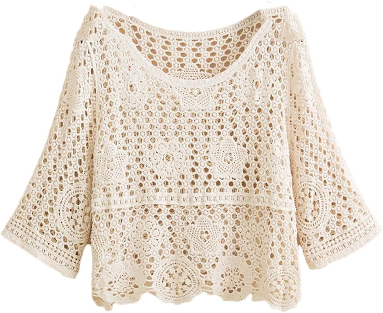 Women Spring Summer Cable Hollow Pullovers Sweater Female Loose Knitted Tops Ladies Short Jumper | Amazon (US)
