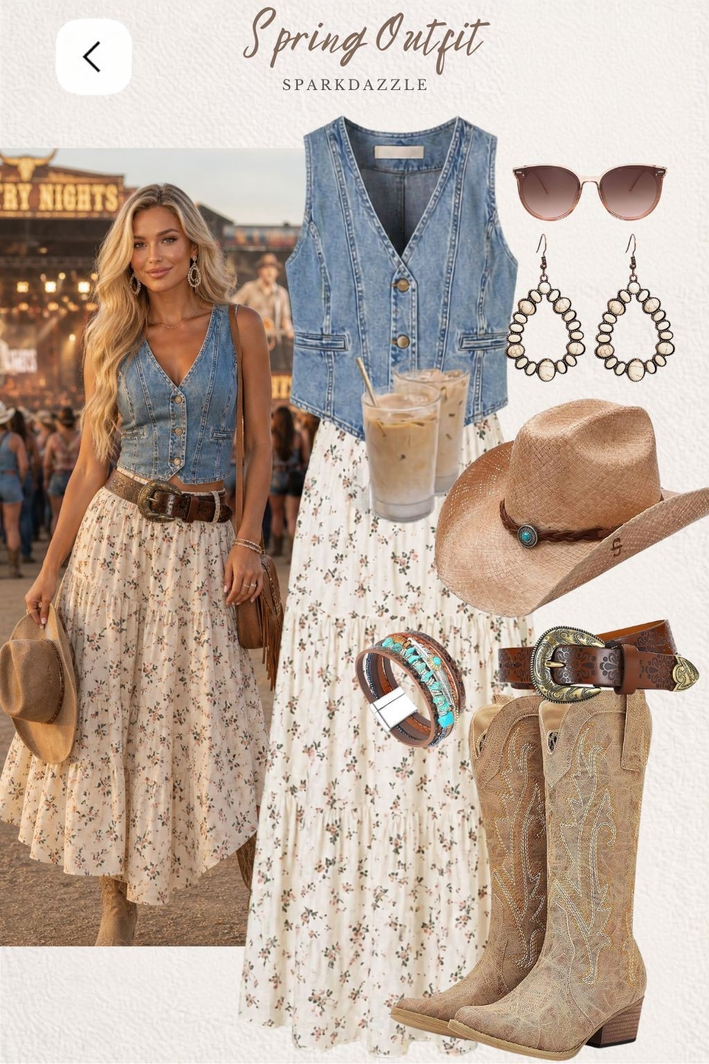 Country concert outfits, summer outfits 2026, festival outfits, Nashville outfit ideas featuring a denim corset, sleeveless shirt, or denim vest styled with a white and blue floral maxi skirt or tiered skirt. Pair with a brown western belt, brown leather cowboy boots, cowgirl boots or tall boots, a straw cowgirl hat or cowboy hat, turquoise earrings and bracelets, and brown aviator sunglasses for the perfect summer fair, rodeo, or carnival outfit. Work dress outfits and wedding guest dresses, including teacher outfits and workwear styles like a red or maroon floral dress paired with a beige or ivory leather jacket, tall knee-high beige boots, and a taupe quilted purse. #Abercrombie #amazon #nordstrom Teacher outfits, business casual looks, casual outfits, neutrals, and street style featuring midi skirts, maxi dresses, swimsuits, bikinis, travel outfits, skinny jeans, puffer jackets, concert outfits, cocktail dresses, sweater dresses, sweaters, cardigans, fleece pullovers, hoodies, button-downs, oversized sweatshirts, jeans, high waisted leggings, dresses, joggers, fall fashion, winter fashion, leather jackets, sherpa jackets, deals, shackets, plaid shirt jackets, apple watch bands, lounge sets, date night outfits, vacation outfits, mom jeans, shorts, sunglasses, Disney outfits, rompers, jumpsuits, airport outfits, biker shorts, weekender bags, plus size fashion, Stanley cup tumblers, work blazers, work wear, workwear boots, booties, over-the-knee boots, ankle boots, Chelsea boots, combat boots, pointed toe, chunky sole, heels, sneakers, slip-on shoes, Nike, adidas, Vans, Dr. Martens, UGG slippers, Golden Goose, sandals, high heels, loafers, Birkenstock, wedding guest dresses, bachelorette party outfits, white dresses, bridesmaid dresses, cocktail dresses, bridal shower dresses, bride looks, and wedding guest outfits from Target, Abercrombie and Fitch, Amazon, Shein, Nordstrom, H&M, Forever 21, Walmart, ASOS, Nordstrom Rack, Nike, adidas, Vans, Quay, Tarte, Sephora #LTKFestival