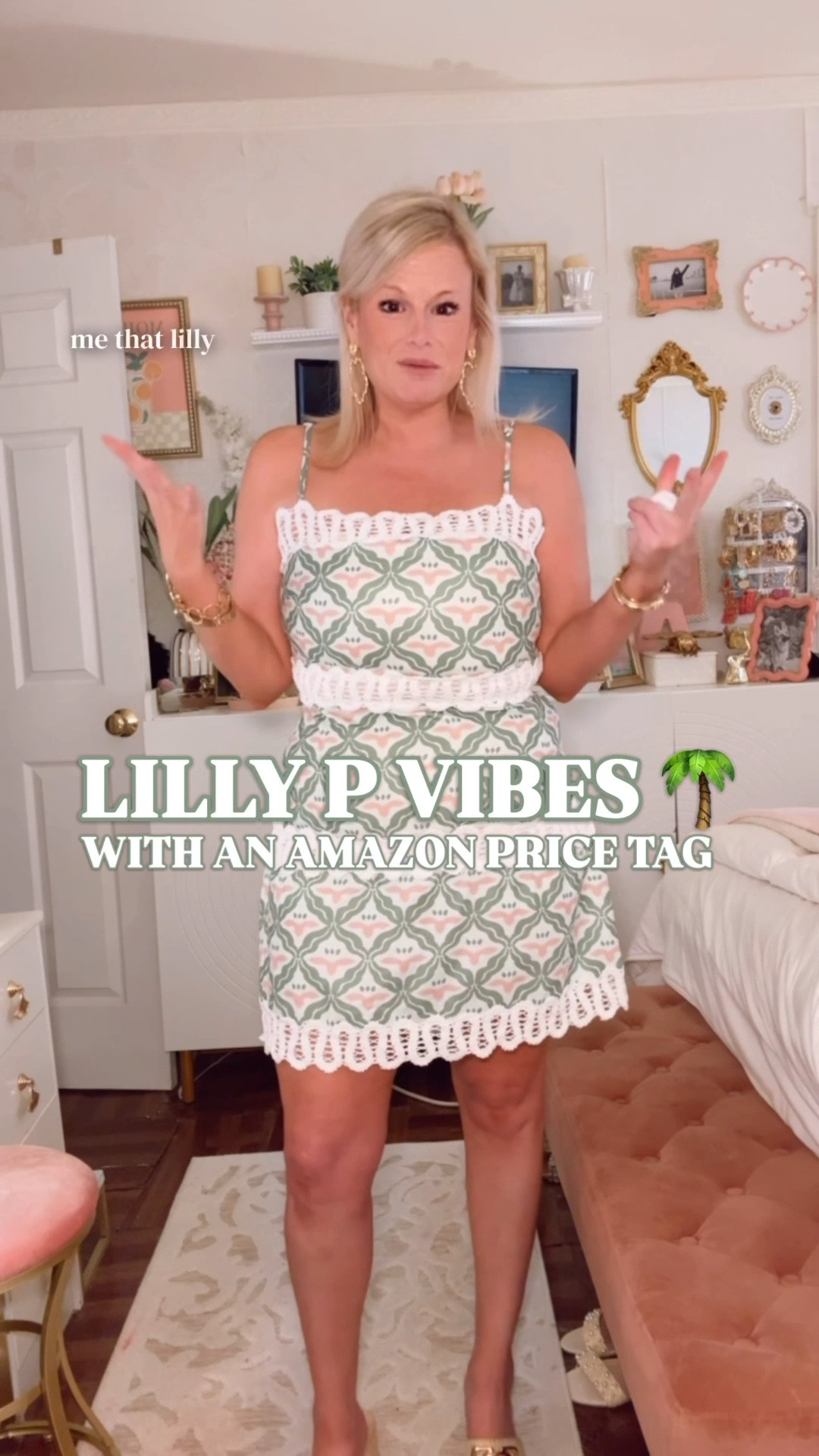 Lilly Pulitzer inspired dress | Amazon summer dress | pink and green dress | Palm Beach style | vacation dress

The Amazon mini for the Lilly Pulitzer girl who wants the Palm Beach look without the Palm Beach receipt.

This dress has the exact summer details that make a Lilly inspired find worth stopping for: pink and green resort print, crisp white lace crochet trim, square neckline, A-line mini silhouette, adjustable straps, and that cheerful Palm Beach color story that looks made for vacation.

I sized up to a large. If you are between sizes, go up.

The white crochet lace trim frames the neckline, waist, and hem so the whole dress feels polished, feminine, and resort ready.

This is the dress you pack for beach vacations, girls trips, bachelorette weekends, resort cocktails, pool club lunches, cruise outfits, vacation dinners, beach town shopping, bridal showers, baby showers, summer brunch, patio drinks, country club casual plans, and every warm-weather day when you want something fun, feminine and a little flirty. 

Style it with white sandals, raffia slides, gold hoops, pearl earrings, wedges, a woven bag, flat sandals, or a cardigan over your shoulders.

Lilly Pulitzer inspired dress, Lilly Pulitzer look for less, Lilly P vibes dress, Lilly P inspired dress, Amazon Lilly Pulitzer inspired dress, Amazon summer dress, Amazon dress find, pink and green dress, Palm Beach dress, Palm Beach style, preppy summer dress, feminine summer dress, colorful summer dress, resort mini dress, vacation dress, beach vacation dress, cruise outfit, bachelorette trip outfit, bridal shower dress, baby shower dress, summer brunch dress, country club casual outfit, eyelet trim dress, square neckline dress, A line mini dress, designer look for less

#LTKFindsUnder50 #SummerDresses #PreppyStyle #LookForLess #LillyPulitzer #PalmBeachStyle #SummerOutfits #WeddingGuestDress

#LTKWedding #LTKSeasonal #LTKootd