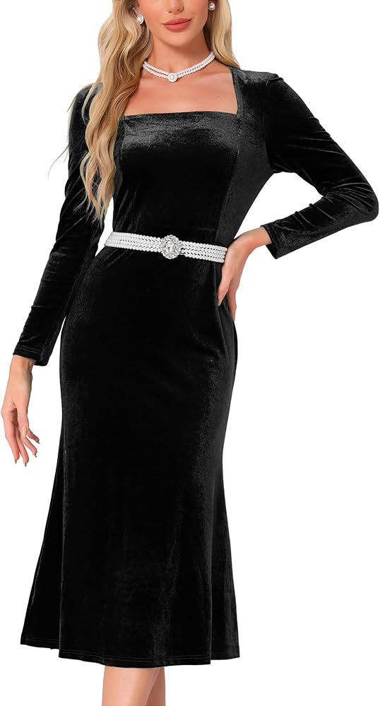 Allegra K Elegant Velvet Dress for Women's Square Neck Long Sleeve Cocktail Mermaid Bodycon Midi ... | Amazon (US)