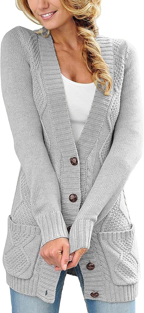 luvamia Womens Black Casual Long Sleeve Open Front Buttons Cable Knit Pockets Sweater Cardigan Ou... | Amazon (US)