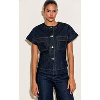 Indigo Round Neck Pocket Detail Cropped Denim Shirt | PrettyLittleThing US