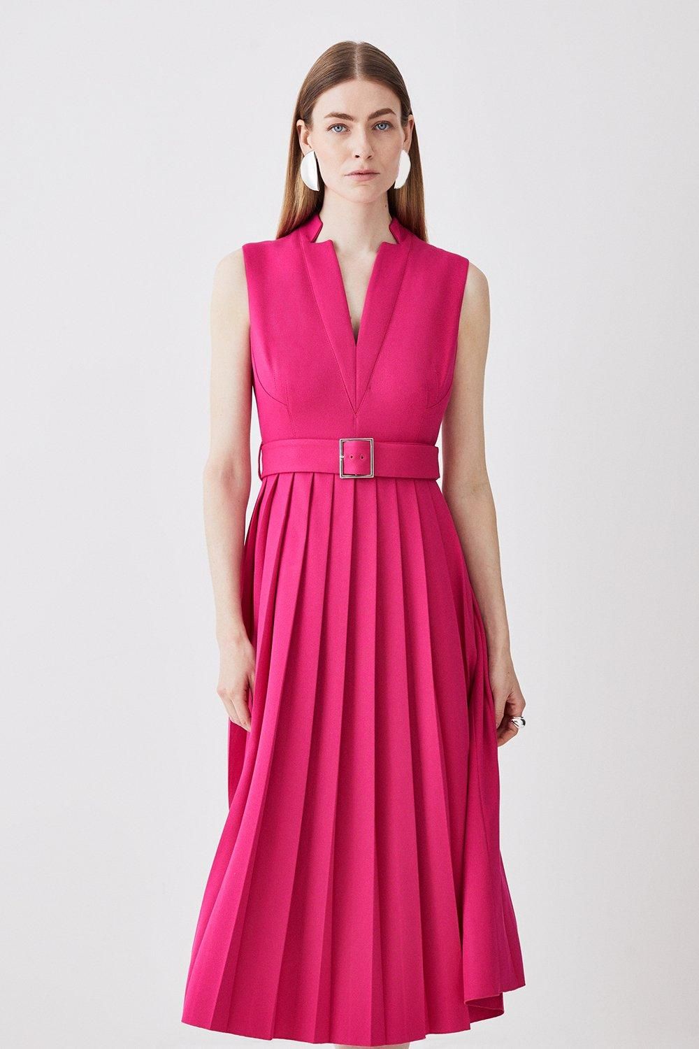Structured Crepe Forever Pleated Sleeveless Midi Dress | Karen Millen UK + IE + DE + NL