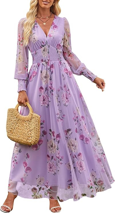 ANRABESS Women's Floral Maxi Dress 2025 Fall V Neck Puff Long Sleeve Flowy Casual Wedding Guest T... | Amazon (US)