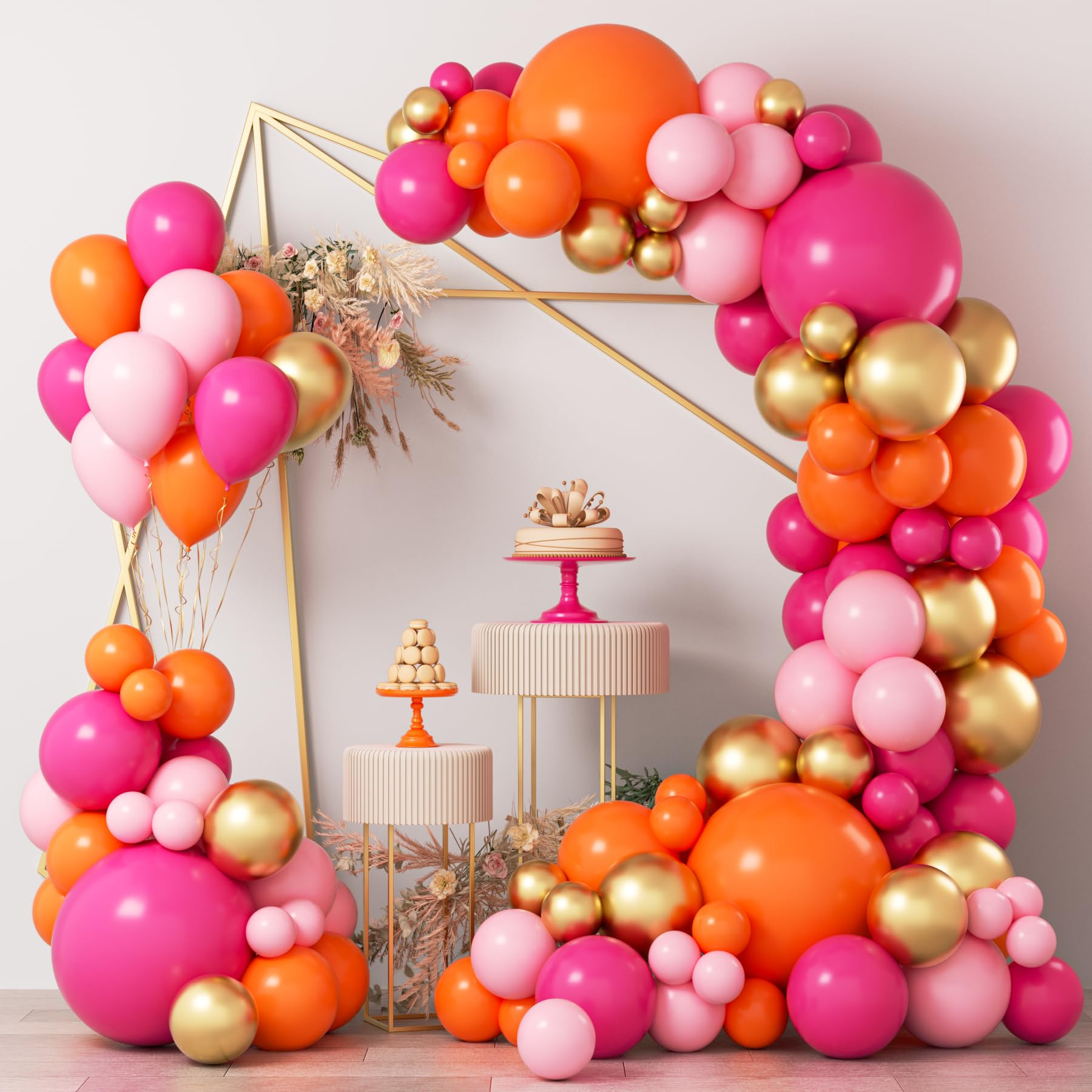 COKAOBE Pink Orange Balloon Garland Arch Kit, 124pcs Hot Pink Orange Chrome Metallic Gold Latex B... | Amazon (US)