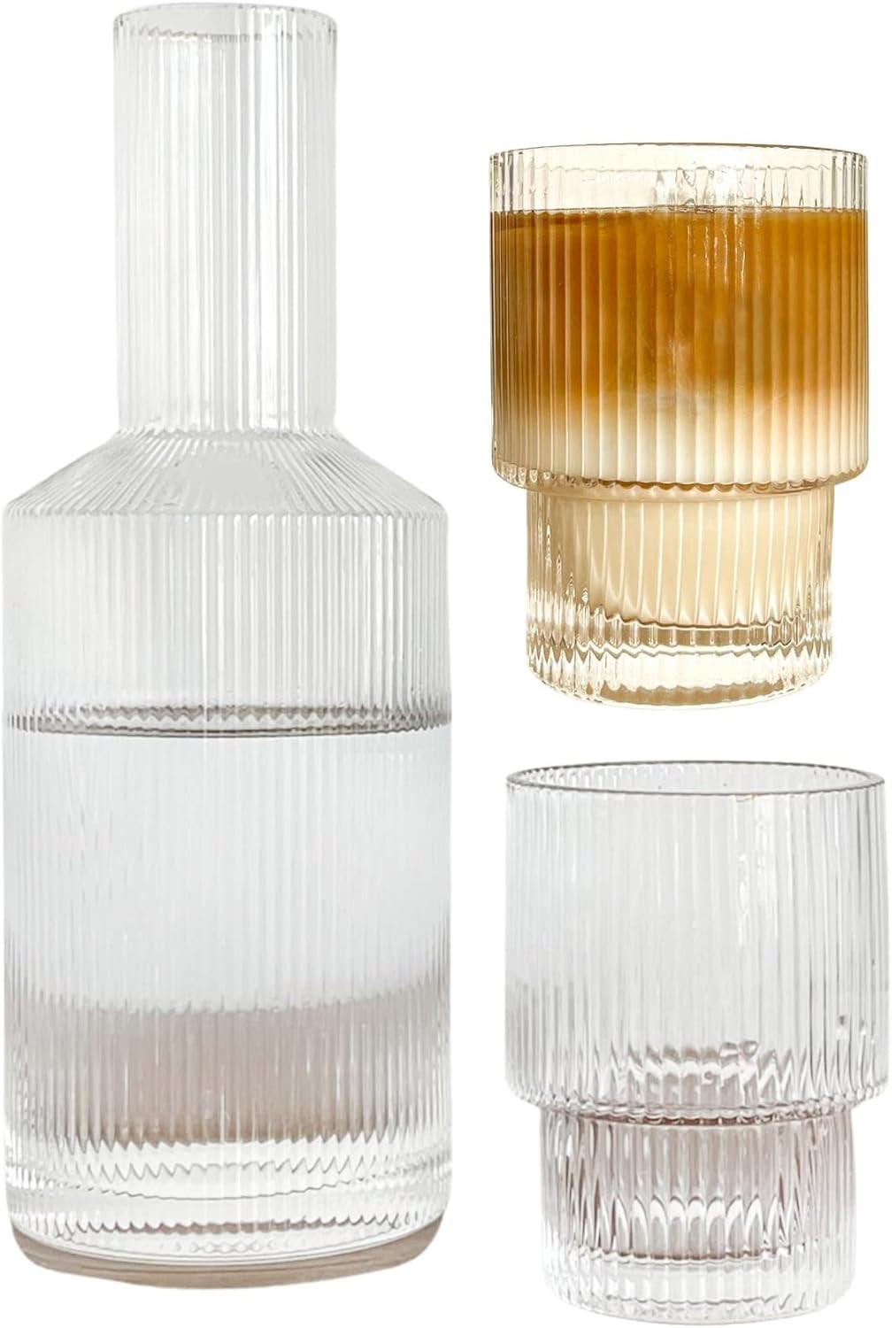 Amazon.com | Set Of 1 Carafe 1020Ml And 2 Glasses 200Ml Ribbed With Vertical Stripes Made Of Glas... | Amazon (US)