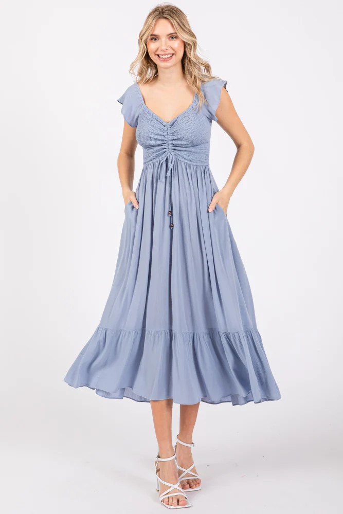Light Blue Smocked Ruched Ruffle Hem Maxi Dress | PinkBlush Maternity