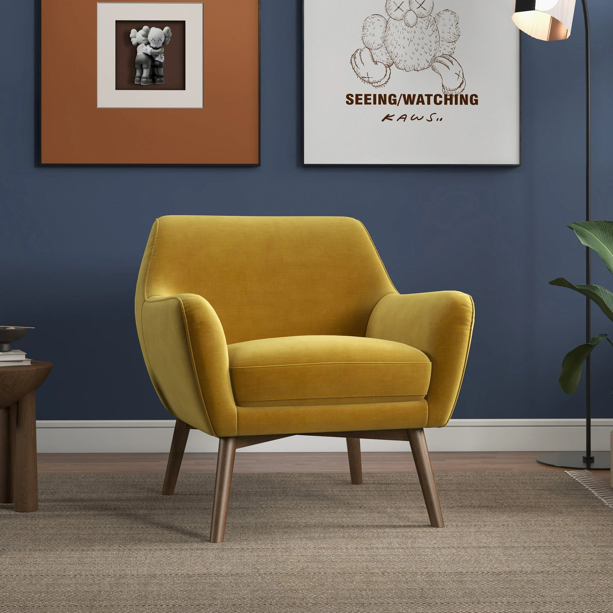 GDFStudio Panom Modern Velvet Lounge Chair with Walnut Wood Base-Gold Polyester one_size | 347937 | Lowe's