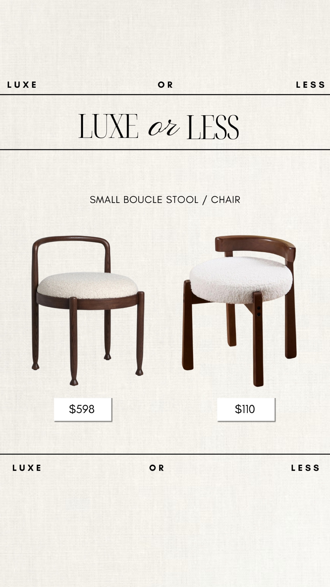 Luxe or Less - Small Boucle Stool / Chair! 

Gorgeous on either budget!

luxe or less, accent chair, boucle accent chair, boucle stool 

#LTKStyleTip #LTKHome