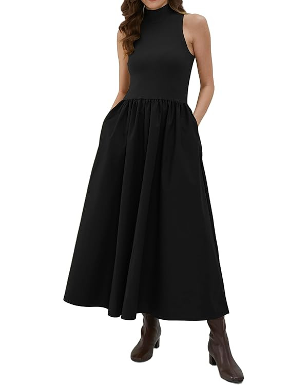 Sleeveless Maxi Dress for Women Patchwork Turtleneck Pullover Dresses with Pockets Casual Plain F... | Amazon (US)