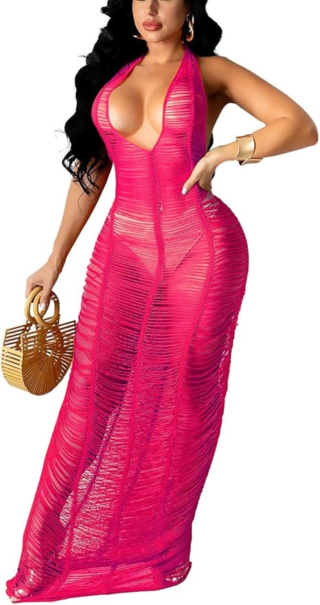 Bluewolfsea Women Sexy V Neck Knitted Mesh Crochet Hollow Out Bodycon Maxi Dress Party Beach Cove... | Amazon (US)