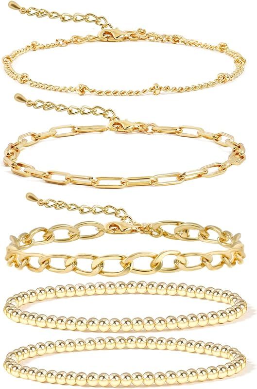 14K Gold Beaded Bracelets for Women,Dainty Gold Plated Chain Link Bracelet Stretchable Adjustable Br | Amazon (US)