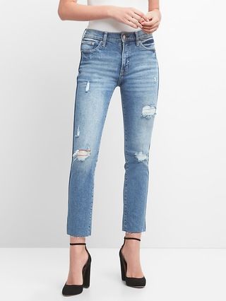 High Rise Slim Straight Jeans with Destruction | Gap US