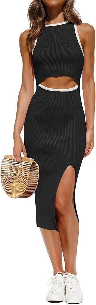 ZESICA Women's Summer Bodycon Sweater Dress Sleeveless Cut Out Contrast Color Side Slit Pencil Dr... | Amazon (US)