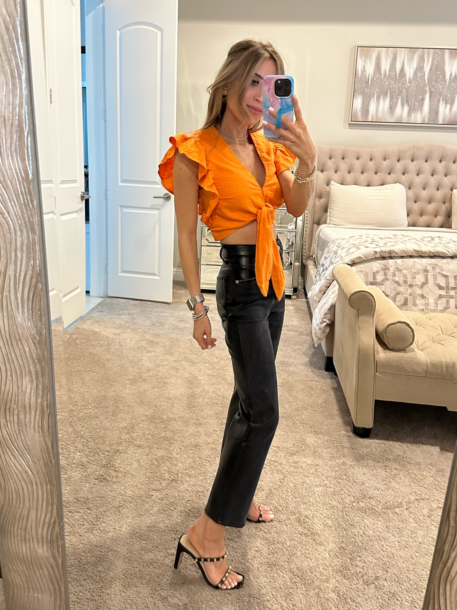 Orange cropped top size Xs, black straight leg jeans with faux leather back size 24 short use code AFBELBEL 

#LTKunder50 #LTKunder100 #LTKsalealert