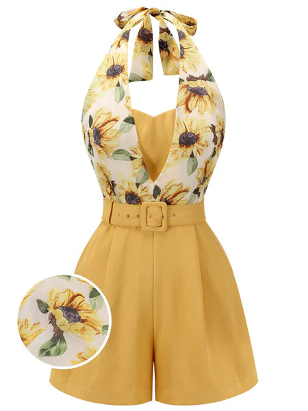 Yellow 1950s Sunflower Halter Romper | Retro Stage