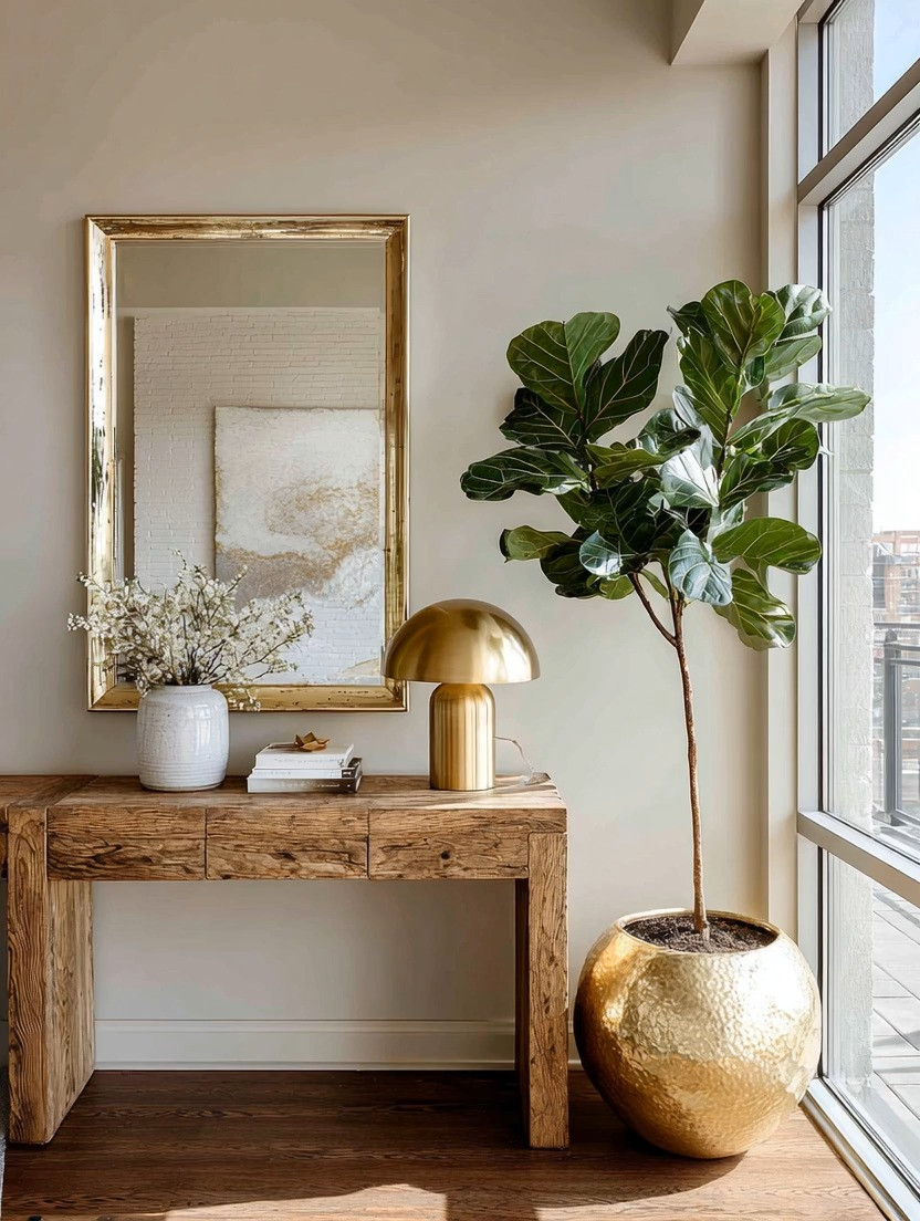Your console table doesn’t need more decor. It needs one refined contrast.

A natural wood console already brings grounding and warmth. But what transforms it from simple to elevated is one detail — gold.

A gold-framed mirror, a sculptural table lamp, or even a planter like this instantly adds light, reflection, and quiet elegance to the entire space.

It’s the contrast that works.

Wood feels natural and grounded. Gold feels polished and luminous. Together, they create a balance that feels timeless, not trendy.

You don’t need to add everything. Even one or two gold elements can completely shift the look.

We’ve curated mirrors, lamps, planters, and statement trees so you can build this combination in your own way.

Start with one piece. Let it do the work.

Because the right detail never goes unnoticed.

#ConsoleTableStyling #InteriorDesign  

 #LTKHome
