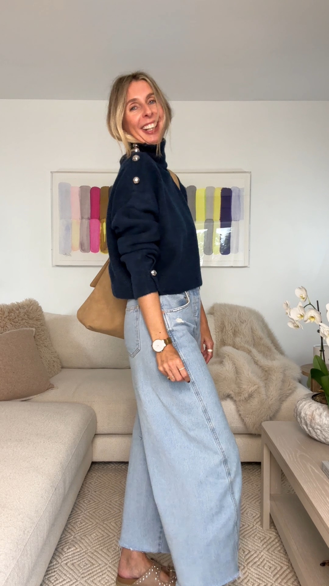 THIS navy sweater. with THESE metallic buttons. YES, please! let’s elevate our everyday style with pieces like this! ✌️ (oh, and thisa great sweater for the office too!)

NAVY SWEATER
with these metallic buttons. ugh, i’m obsessed! wearing the small. i’d say it’s generous in size. 

BARREL JEANS
you’ve seen them before. you’ll see them again! hanging onto this light wash into fall. wearing size 4.

TAN STUDDED SLIDES
comfy, cool. closest thing you’ll see me in to birkenstocks! i always size down 1/2 a size in target shoes.

TAN BAG
love the size and the shape. 
these free people charm adds a little personality. 🧿 


fall style. sweater weather. everyday style. weekend outfit. casual outfit. effortless style. fall shoes. #LTKStyleTip

#LTKOver40 #LTKFindsUnder50