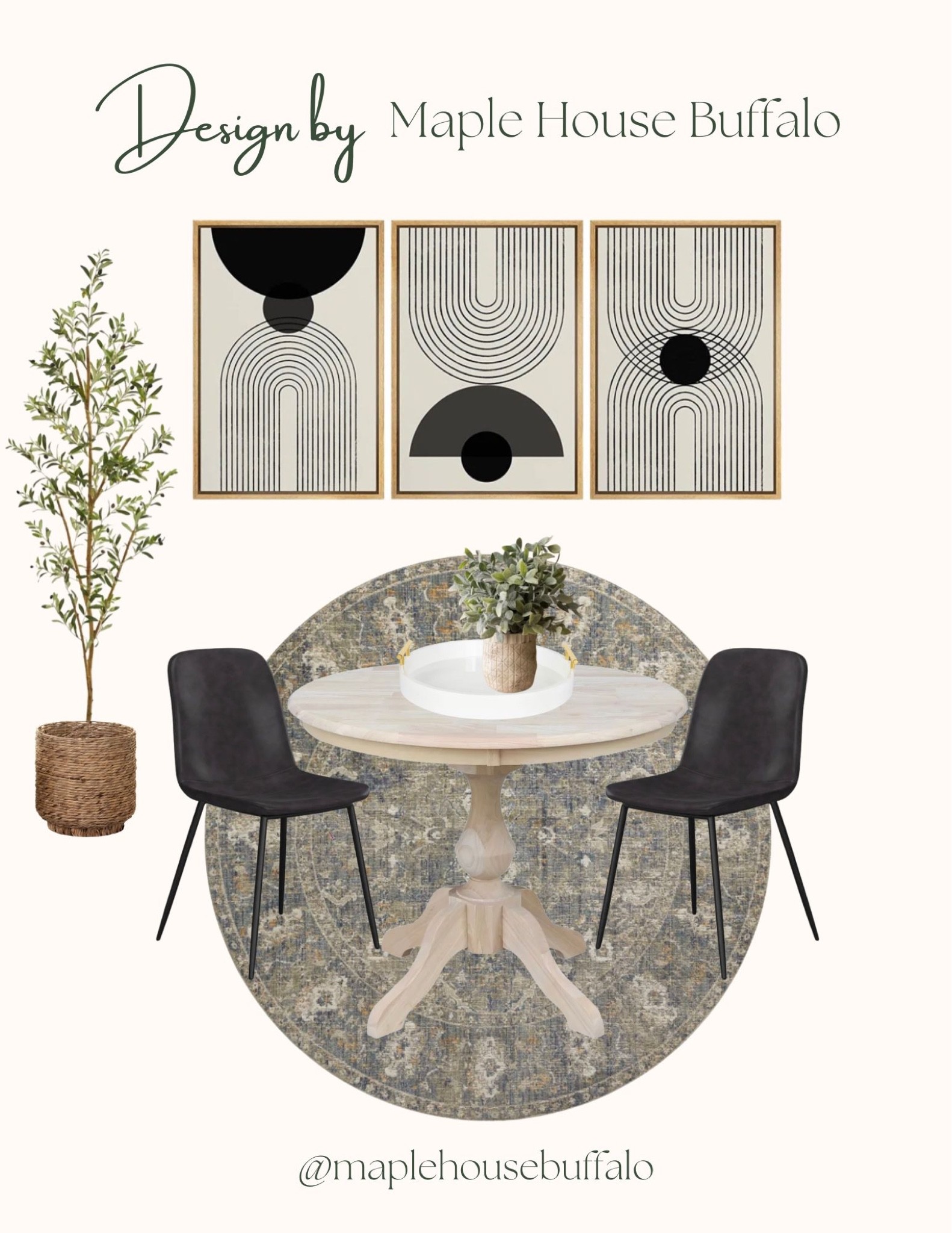 Designed by Maple House Buffalo - Kitchenette design - dining room design - kitchen nook - kitchen table - dining table - faux olive tree - woven planter - modern framed artwork - styling tray - black dining chairs 

#LTKstyletip #LTKsalealert #LTKhome
