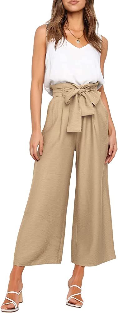 FANCYINN Womens 2 Piece Crop Pants Set V Neck Tank Wide Strap Tops High Waisted Cropped Paper Bag Pa | Amazon (US)