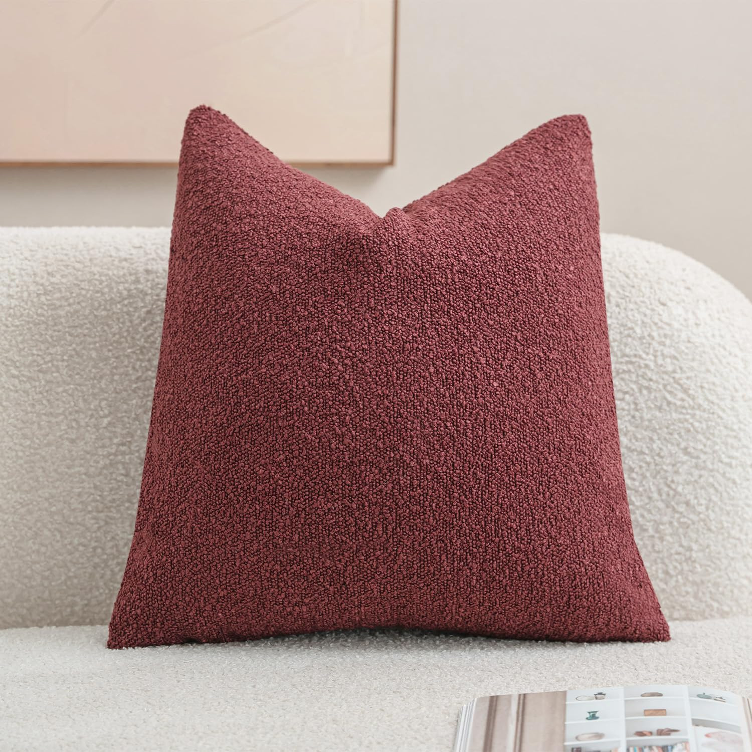DEZENE Textured Boucle Throw Pillow Covers 18x18 Burgundy for Bed Couch Sofa Living Room, Pack of... | Amazon (US)