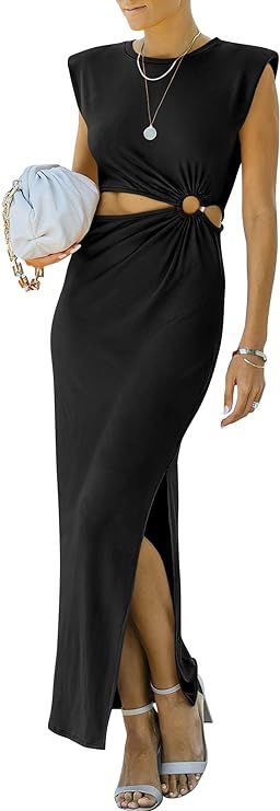 Prinbara Women's Cut Out Padded Shoulder Split Side Crewneck Maxi Bodycon Party Club Dress | Amazon (US)