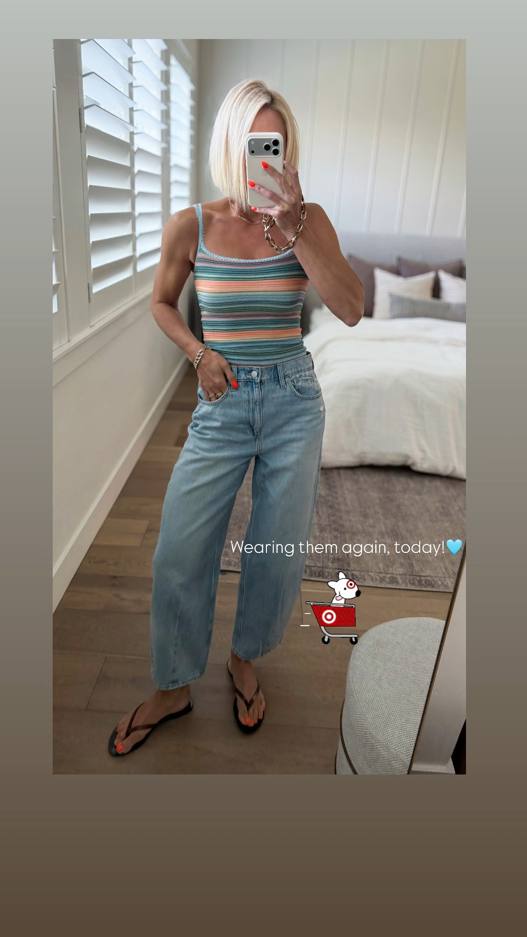 Simple summer outfit. 
Bright pastel tank — be sure and size up (wearing L/XL) + new barrel jeans that look designer for a fraction of the price. I sized up to a 6, wearing regular length.

#LTKgrwm #LTKmomlife #LTKOver40