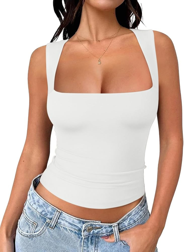 REORIA Butsmooth® Women's Square Neck Going Out Crop Tops Double Lined Cute Basic Tank Tops 2026... | Amazon (US)