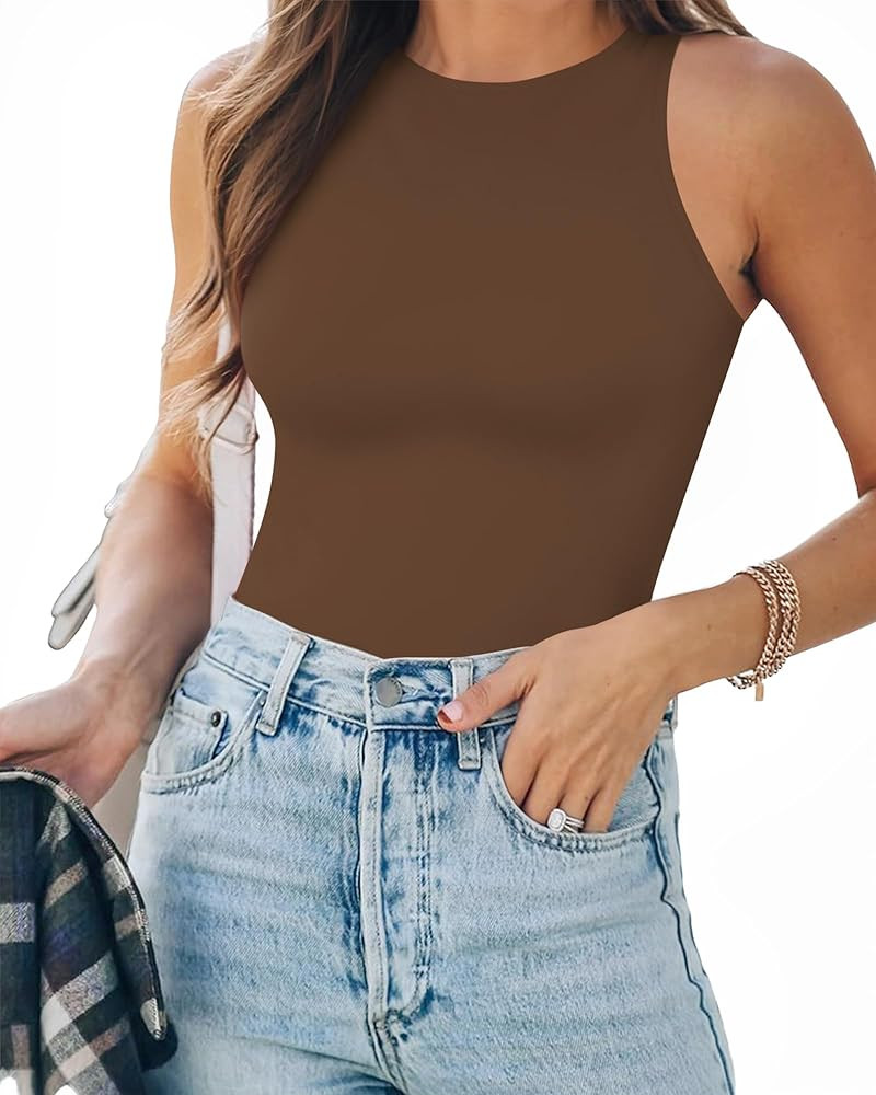 MANGOPOP Tank Top Body Suits Women Sexy Crew Neck Racerback Halter Ribbed Sleeveless Bodysuit for... | Amazon (US)