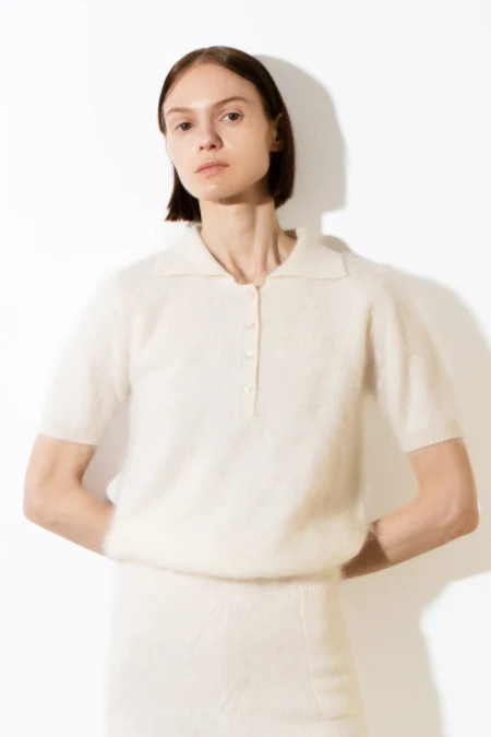 Brushed Polo Shortsleeve_Ivory | Pure Cashmere