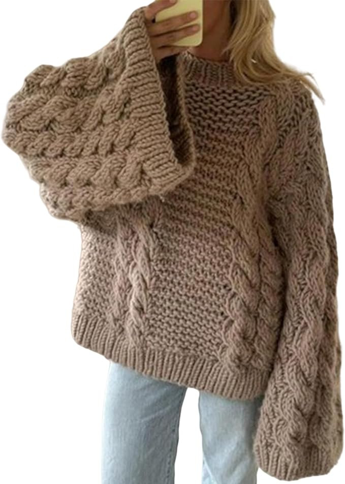 NRTHYE Women's Oversized Cable Knit Sweater Tops Loose Long Sleeves Crewneck Chunky Slouchy Baggy... | Amazon (US)