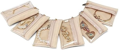 VLANDO Travel Jewelry Pouch, 6pcs Clear Velvet Zipper Bag | Amazon (US)