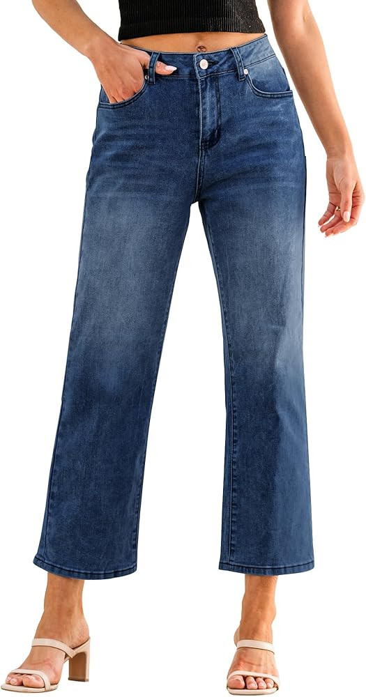 GRAPENT Jeans for Women Trendy High Waisted Loose Straight Leg Stretchy Denim Ankle Pants Cropped... | Amazon (US)