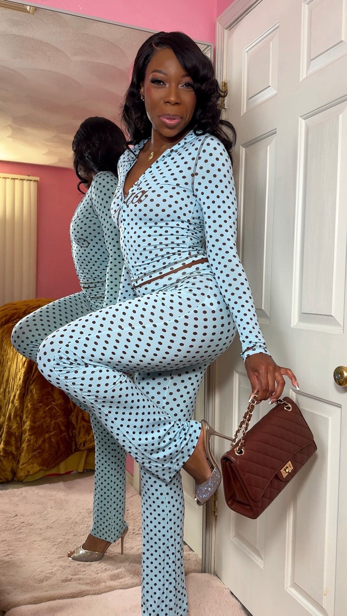 Found the cutest blue polka dot loungewear set! 💙 This I Am Gia Blare Tracksuit is the perfect casual spring outfit. 

I styled it with rhinestone mule heeled sandals and a quilted Chanel-inspired crossbody bag to elevate the look. 

How cute would this outfit be for brunch with the girls?!

I am wearing the set in a size small.

#LTKTall #LTKootd