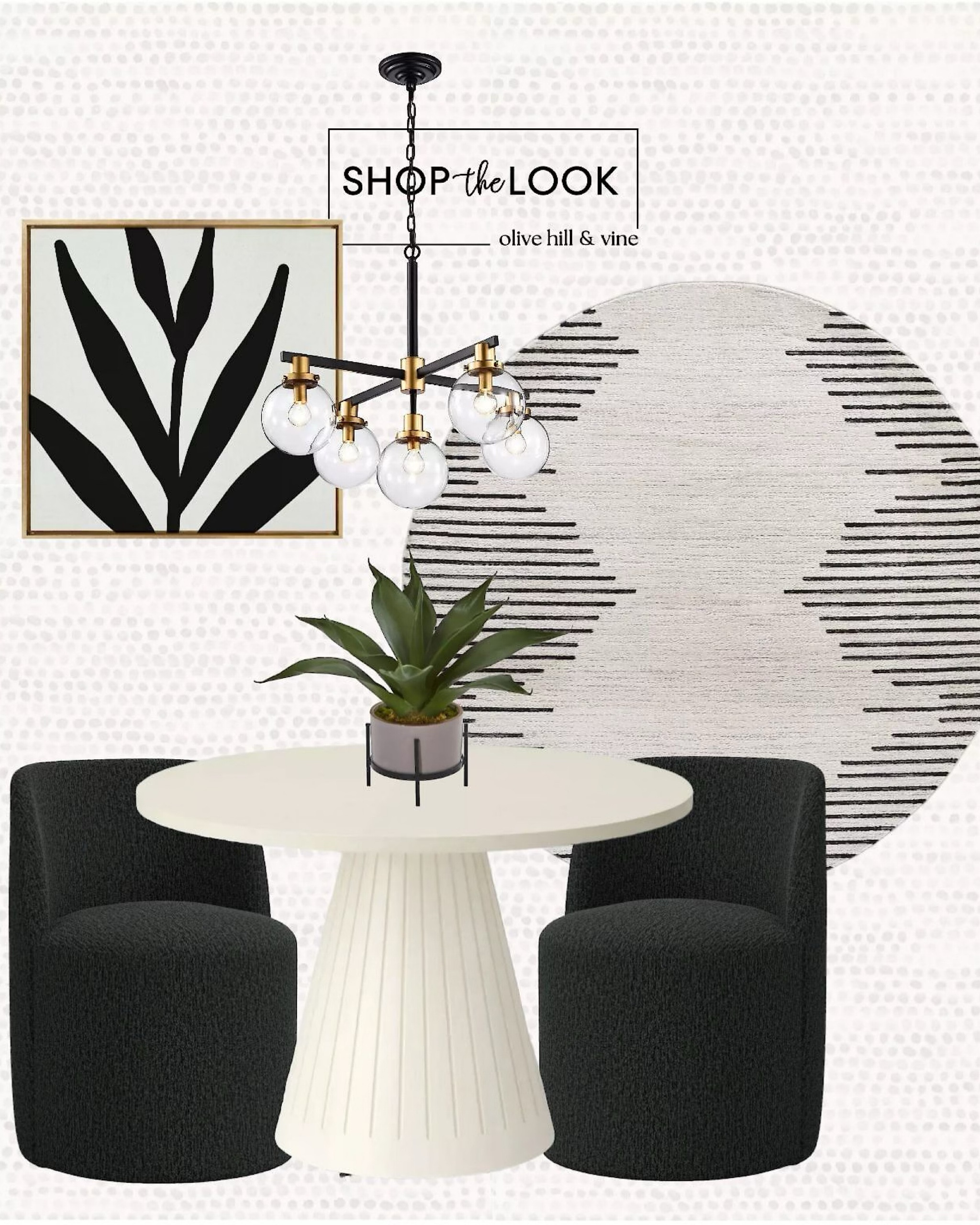 Step into sophistication with our chic black and white dining room! Featuring a stunning round plaster pedestal  table and plush boucle chairs, this space is highlighted by a dazzling 5-light chandelier and grounded by a bohemian stripe rug. Your dream design awaits! 

#LTKStyleTip #LTKFamily #LTKHome
