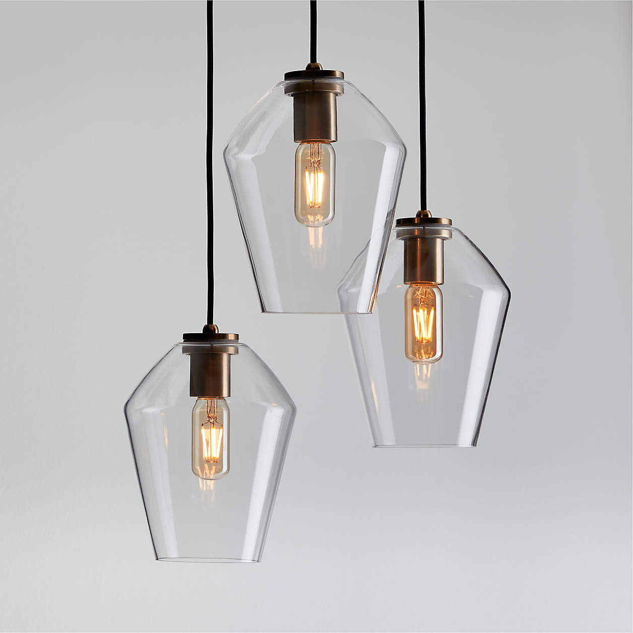 Arren Brass 3-Light Round Pendant with Angled Clear Glass Shades 16" + Reviews | Crate & Barrel | Crate & Barrel