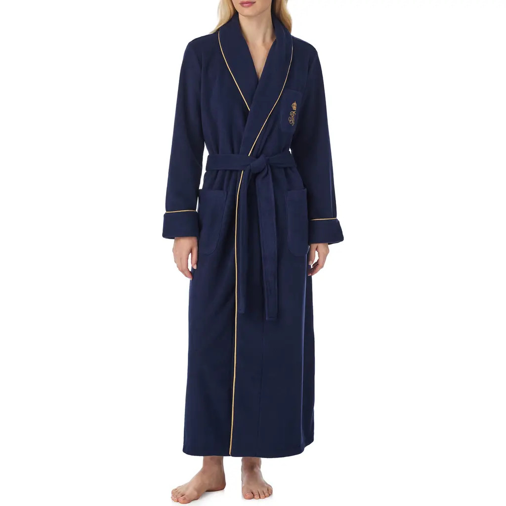 Lauren Ralph Lauren Monogram Fleece Robe in Navy at Nordstrom, Size Medium | Nordstrom