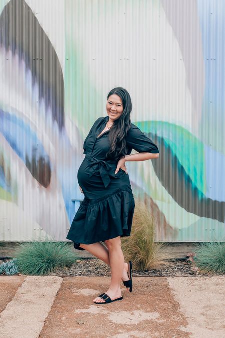 Wore this outfit last night for dinner with friends and would you believe the entire look was under $75, all from @walmartfashion?? 🖤 #walmartpartner Black might not be the first color you think of for spring but this ruffle hem midi dress was calling my name! It comes in a couple different colors and prints in case you want something more bright. It’s not maternity but I was still able to wear it with my 34-week bump. Linking everything on LTK! #walmartfashion 

#LTKSeasonal #LTKbump #LTKfindsunder50