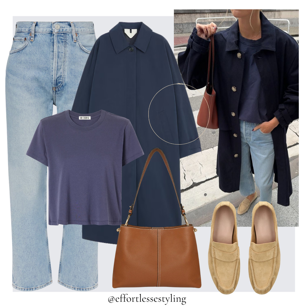 Smart casual jeans outfit. 

Navy car coat, washed navy cotton t-shirt, light blue ankle jeans, beige suede loafers, tan leather shoulder bag, minimal gold chain necklace.  

 #LTKuk #LTKautumn #LTKjeans