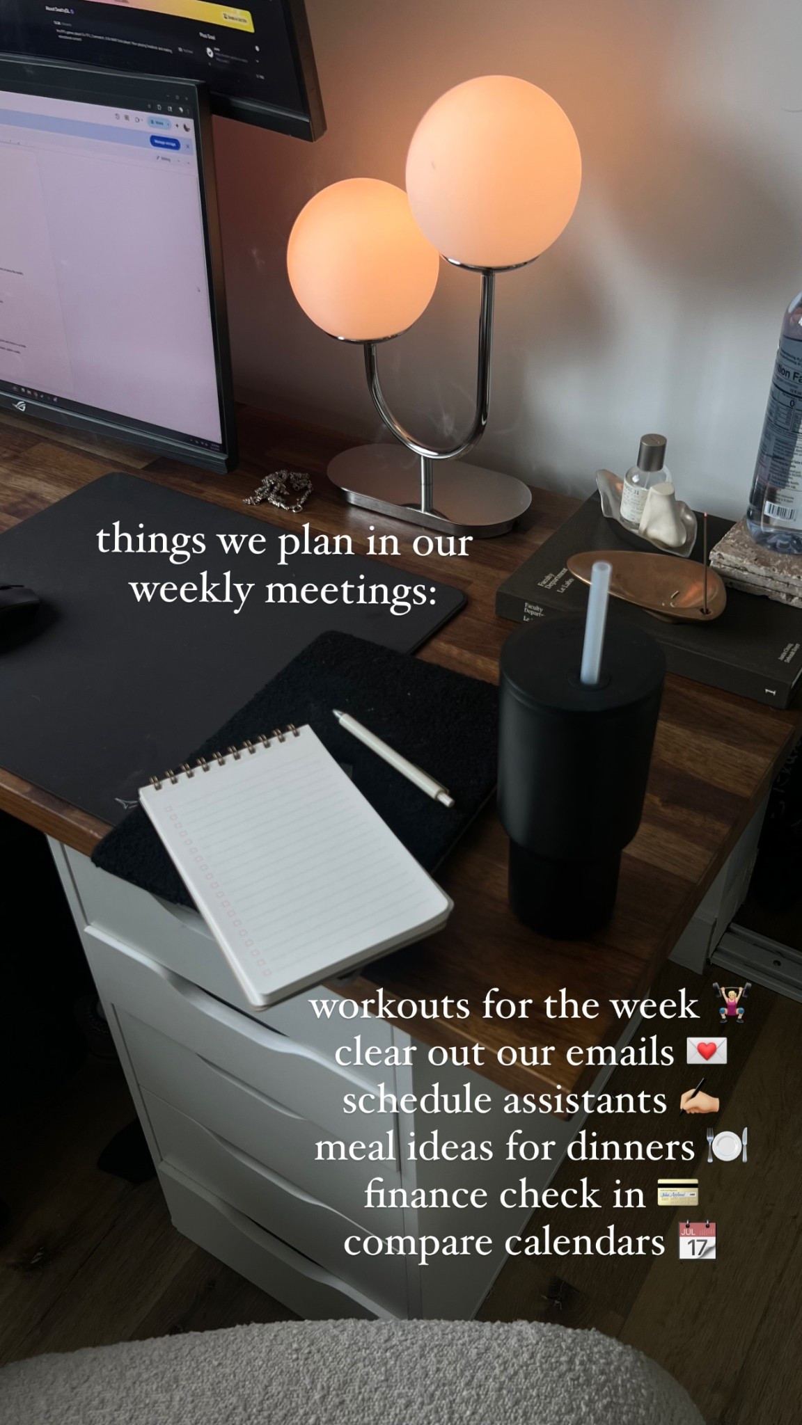 things we plan in our weekly meetings:  workouts for the week 🏋🏼‍♀️
clear out our emails 💌
schedule assistants ✍🏼
meal ideas for dinners 🍽️
finance check in 💳
compare calendars 📆

Office, home office, desk decor

#LTKHome
