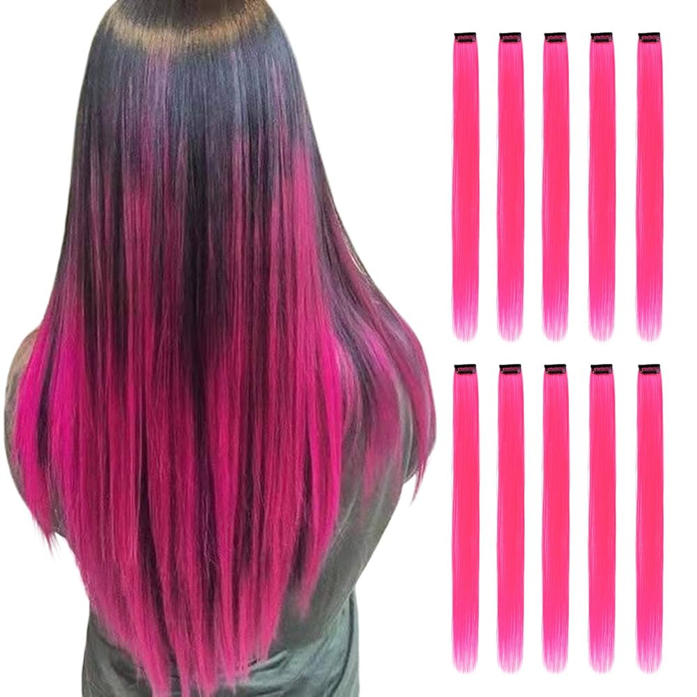 Pink Hair Extensions Clip in, 22 Inch 10 Pcs Long Straight Colored, for Kids Girls Women Highligh... | Amazon (US)