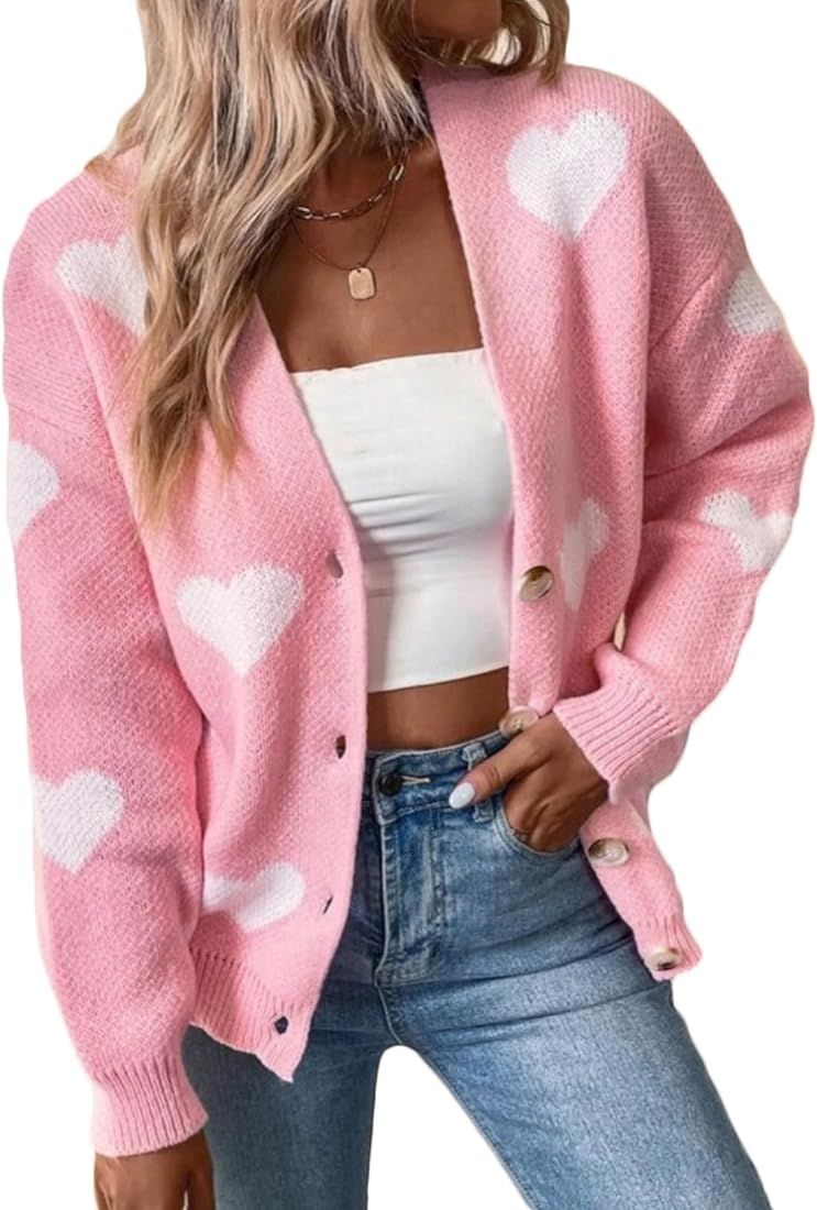 Women Long Sleeve Heart Love Cardigan Sweater Button Open Front Casual Knit Sweaters Valentines D... | Amazon (US)