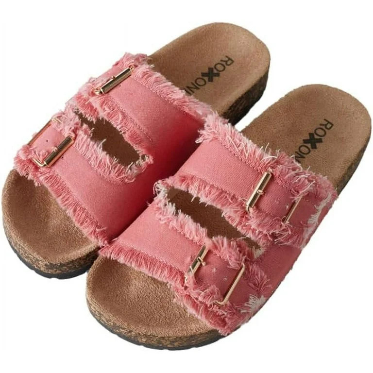 Roxoni Women's Comfort Flat Sandals Double Buckle Adjustable Straps Flat Slides Footbed Suede - W... | Walmart (US)