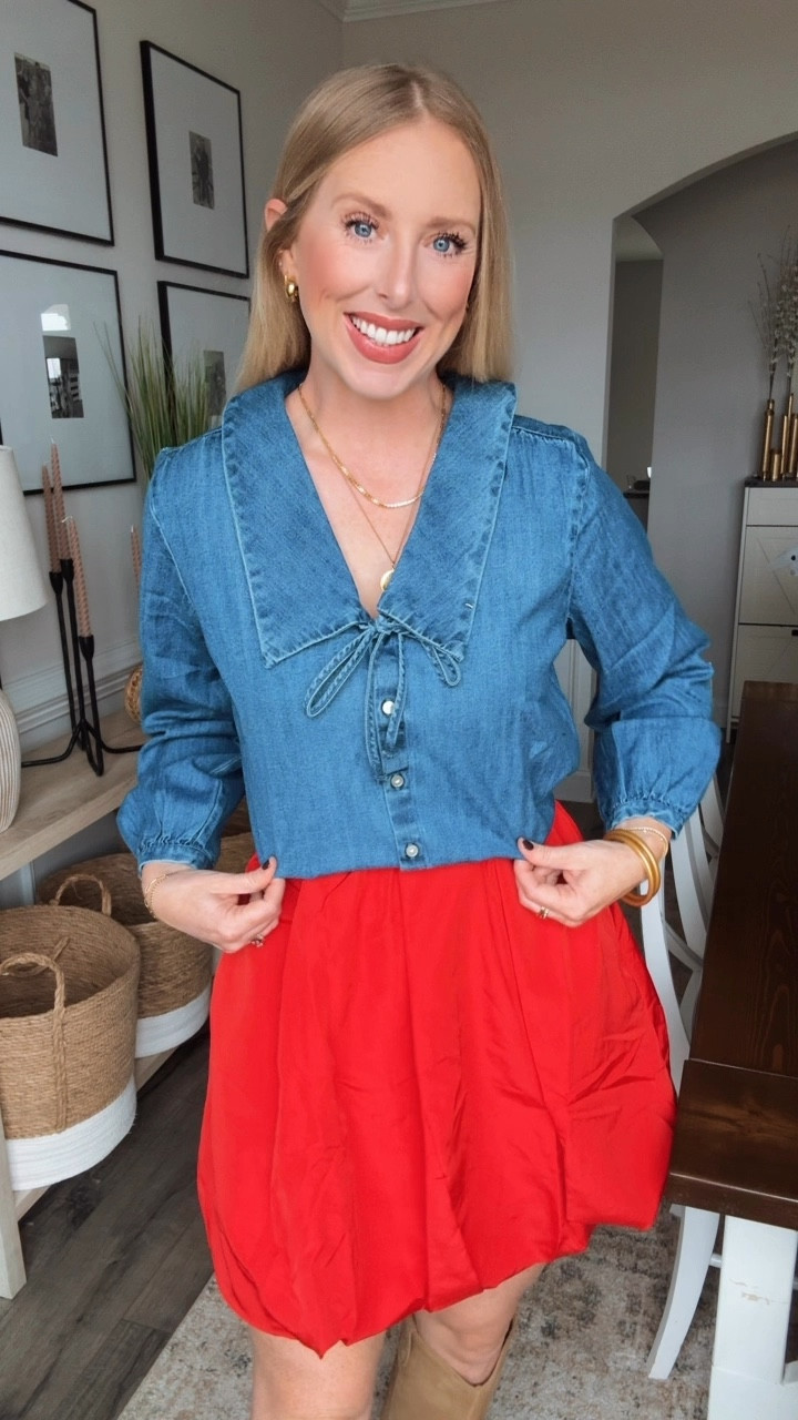 Old navy outfit on sale! Denim top with Peter Pan collar and red bubble skirt 50% off 

#LTKSaleAlert #LTKFindsUnder50 #LTKHoliday