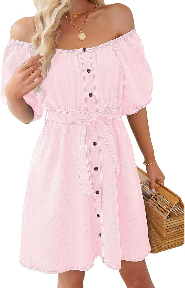 luvamia Denim Dress for Women Off The Shoulder Dresses Puff Sleeve Elastic Waist A Line Short Wes... | Amazon (US)
