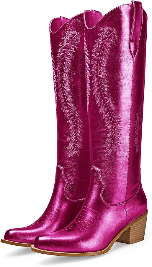 RKQ Women's Metallic Cowboy Boots Sparkle Knee High Cowgirl Boots Embroidered Western Wide Calf B... | Amazon (US)